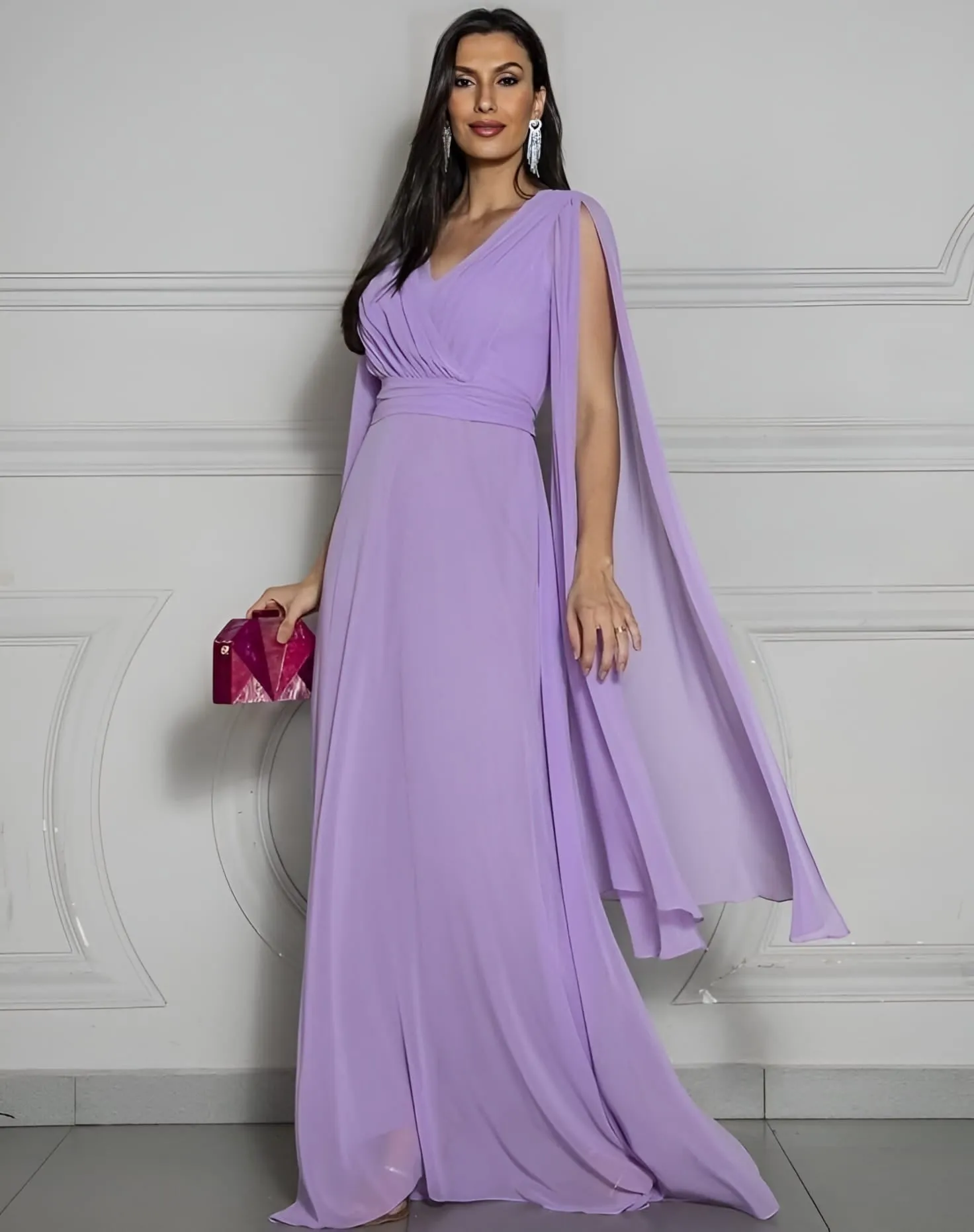 Abito Donna Lungo Scollo V Manica Mantella Tulle Elegante Stile Impero Cerimonia