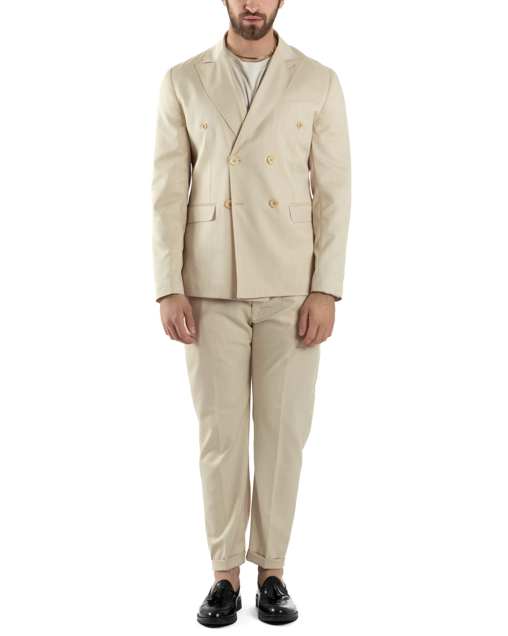 Abito Uomo Doppiopetto Vestito Completo Giacca Pantaloni Beige Gessato Elegante Casual GIOSAL-AE1054A