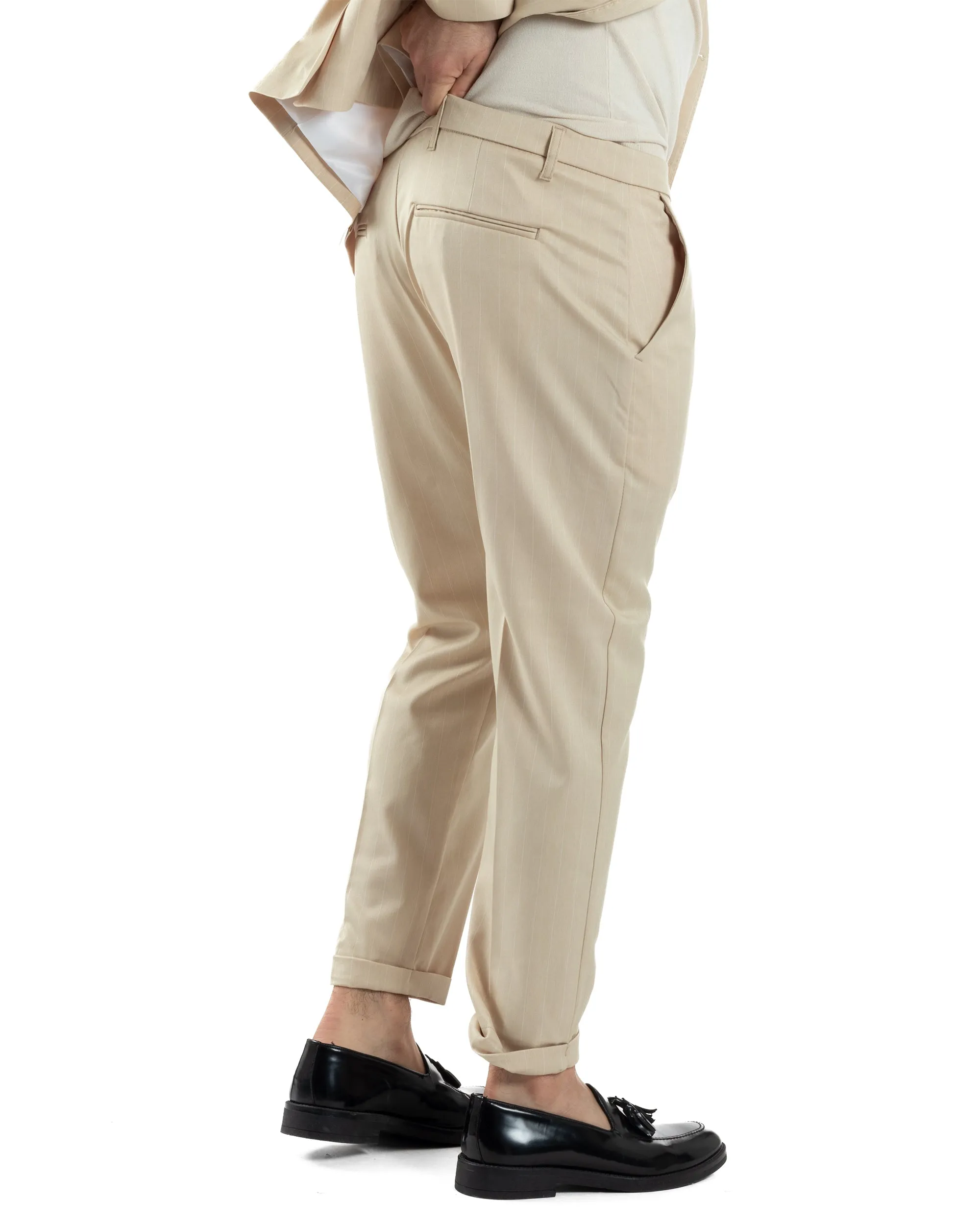 Abito Uomo Doppiopetto Vestito Completo Giacca Pantaloni Beige Gessato Elegante Casual GIOSAL-AE1054A