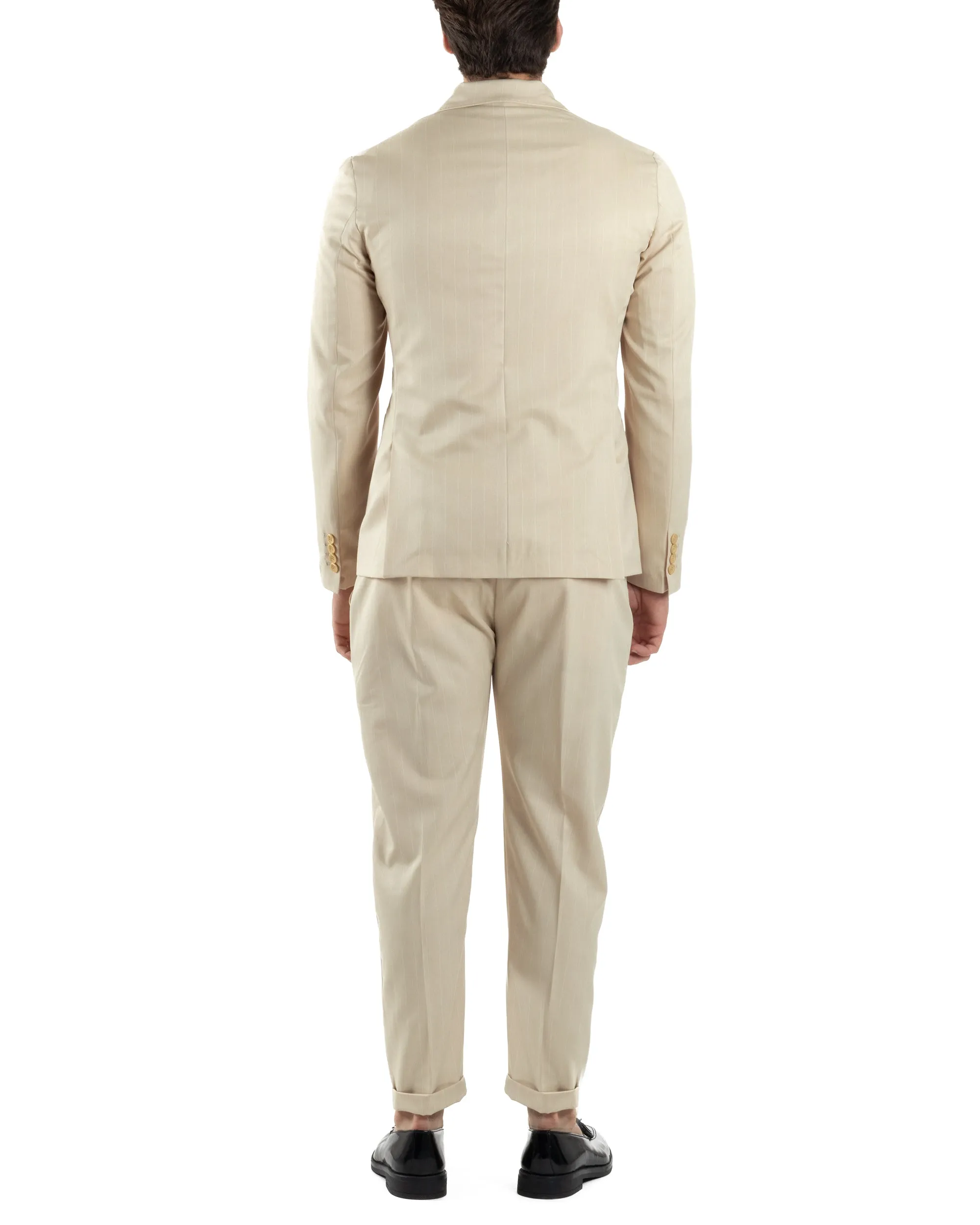 Abito Uomo Doppiopetto Vestito Completo Giacca Pantaloni Beige Gessato Elegante Casual GIOSAL-AE1054A