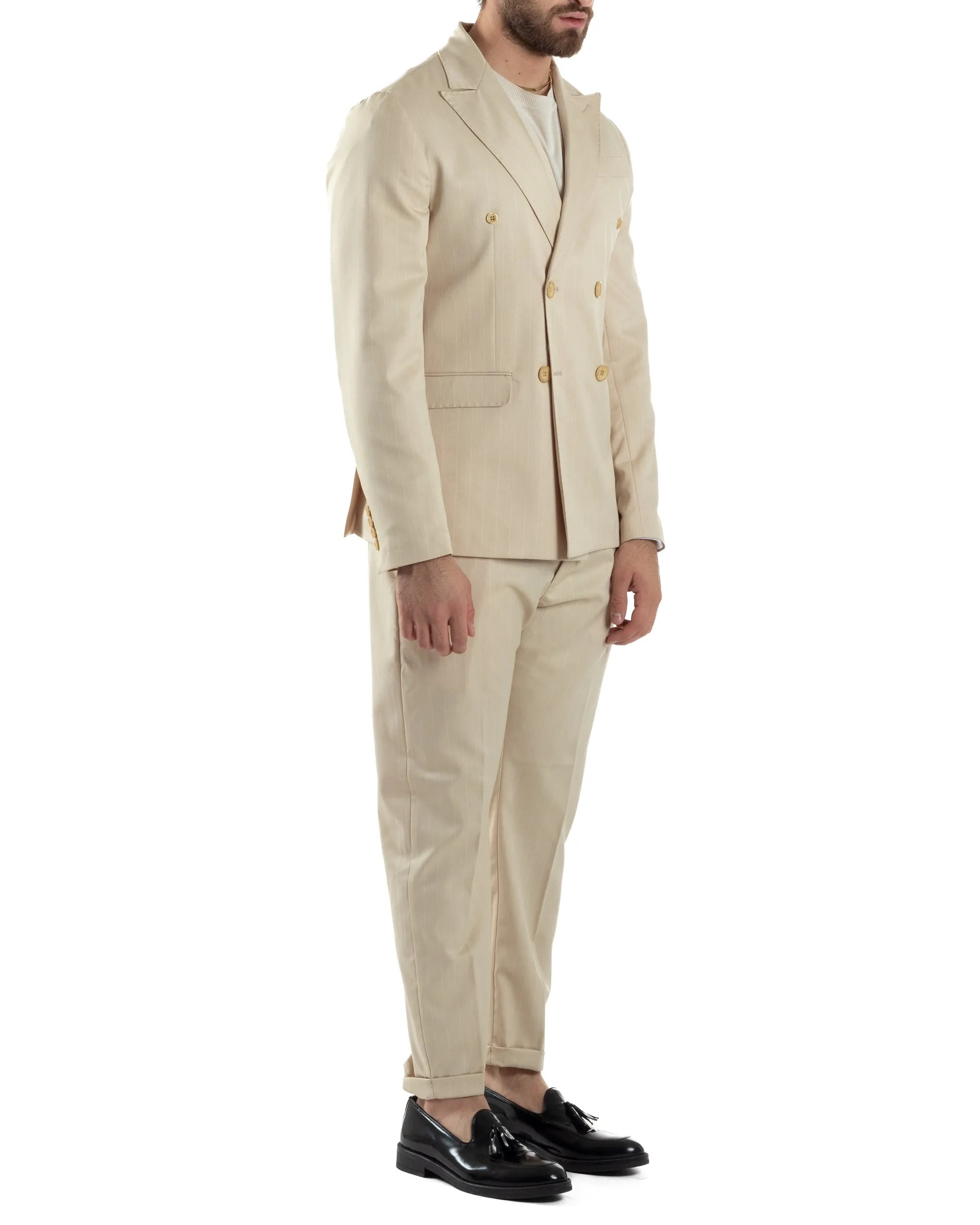 Abito Uomo Doppiopetto Vestito Completo Giacca Pantaloni Beige Gessato Elegante Casual GIOSAL-AE1054A