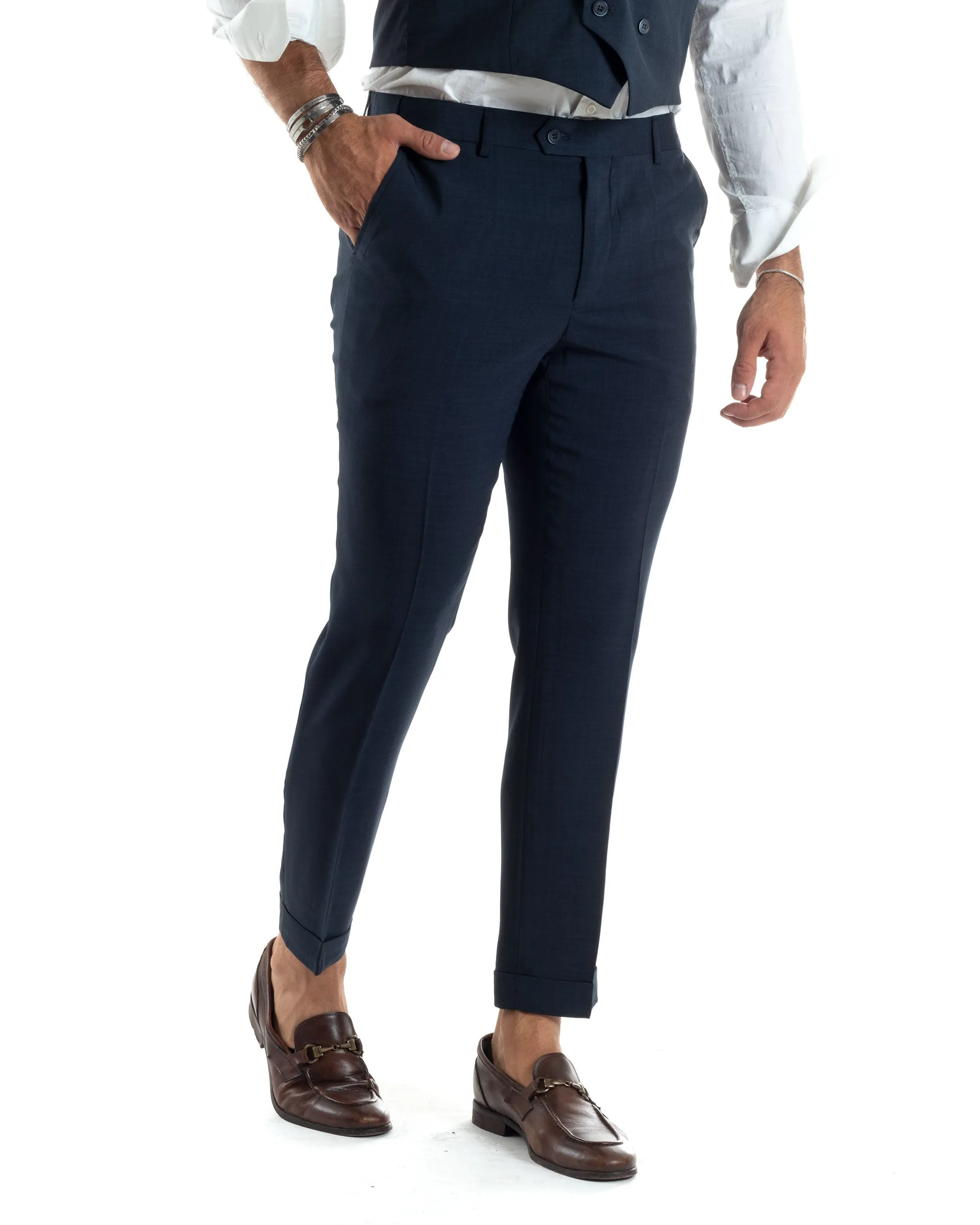 Abito Uomo Monopetto Vestito 3 Pezzi Completo Giacca Pantaloni Panciotto Elegante Sartoriale Blu Melangiato GIOSAL-AE1062A