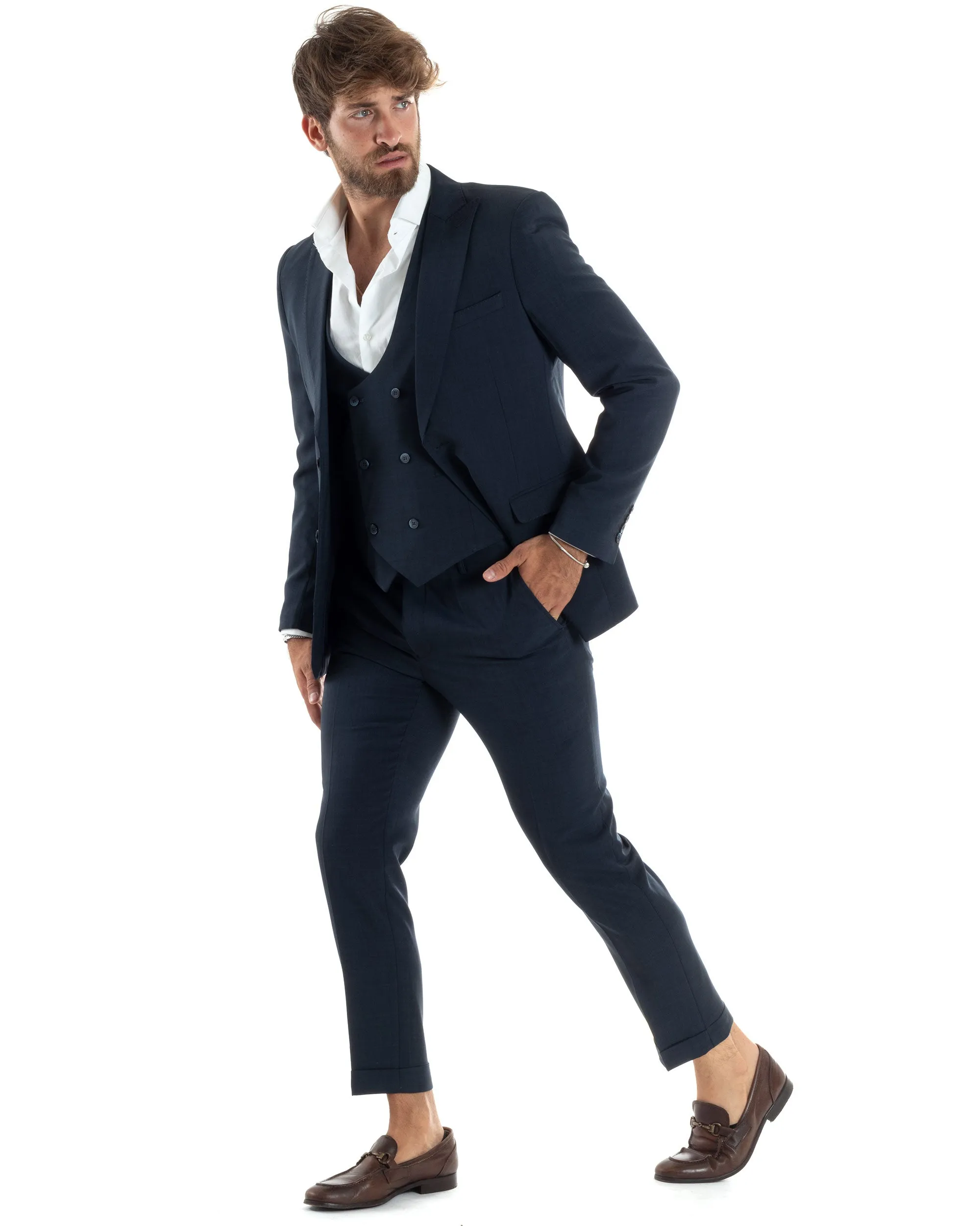 Abito Uomo Monopetto Vestito 3 Pezzi Completo Giacca Pantaloni Panciotto Elegante Sartoriale Blu Melangiato GIOSAL-AE1062A