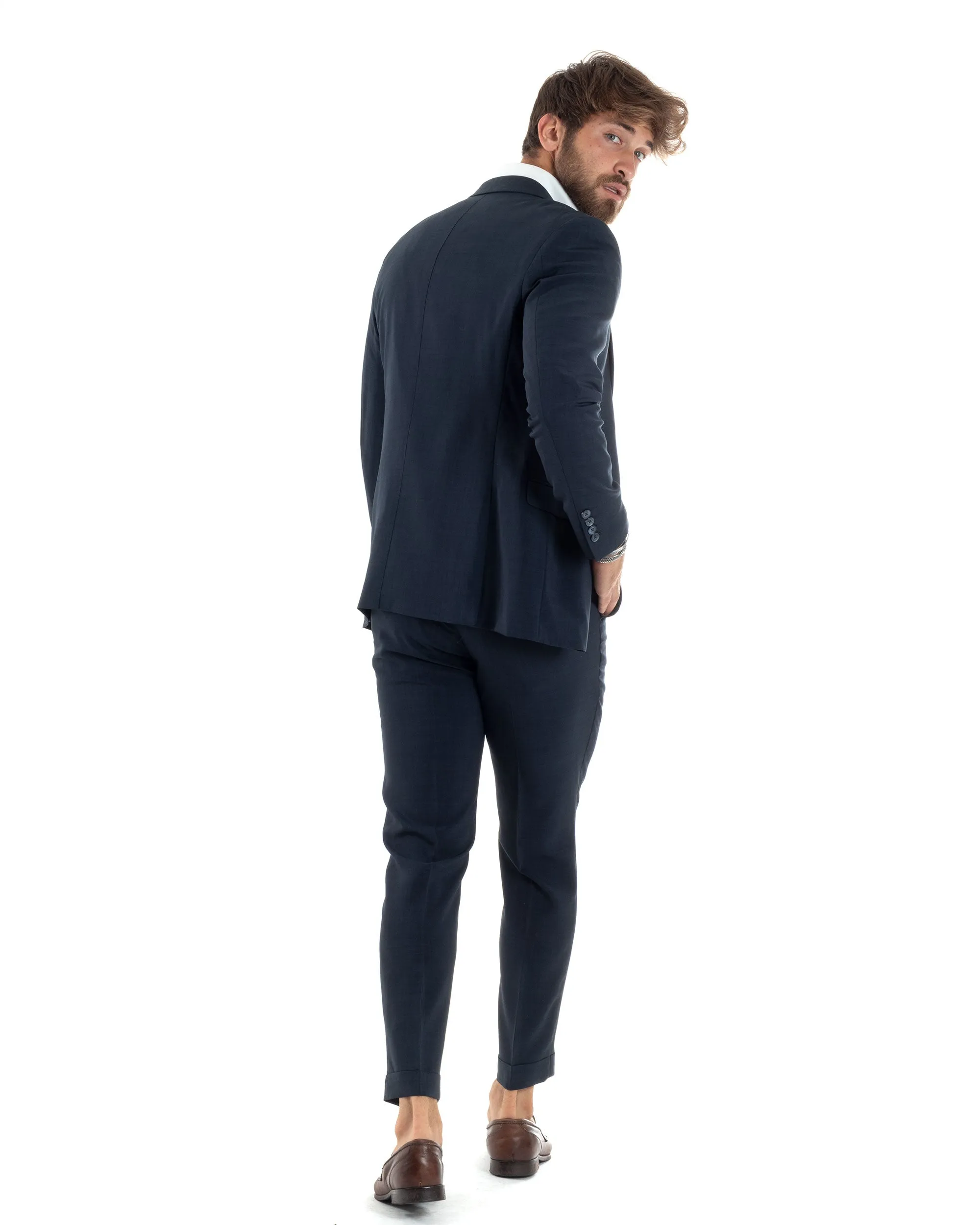 Abito Uomo Monopetto Vestito 3 Pezzi Completo Giacca Pantaloni Panciotto Elegante Sartoriale Blu Melangiato GIOSAL-AE1062A