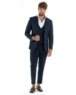 Abito Uomo Monopetto Vestito 3 Pezzi Completo Giacca Pantaloni Panciotto Elegante Sartoriale Blu Melangiato GIOSAL-AE1062A