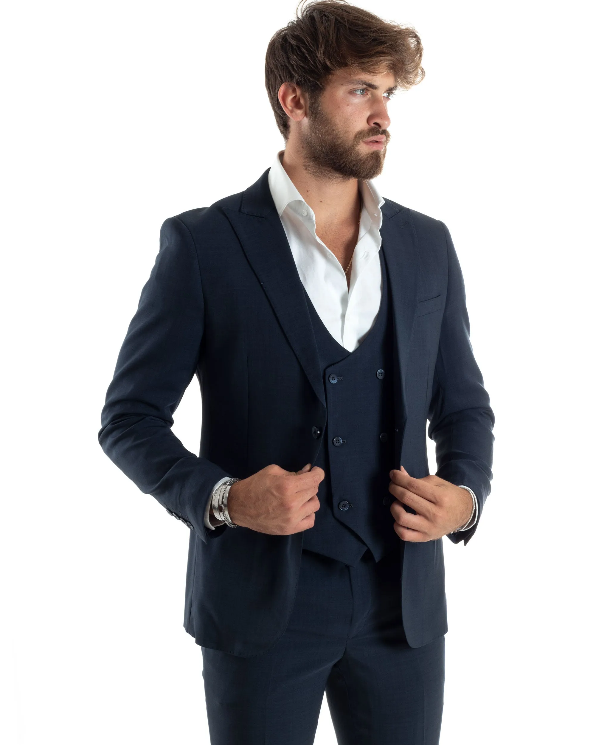 Abito Uomo Monopetto Vestito 3 Pezzi Completo Giacca Pantaloni Panciotto Elegante Sartoriale Blu Melangiato GIOSAL-AE1062A