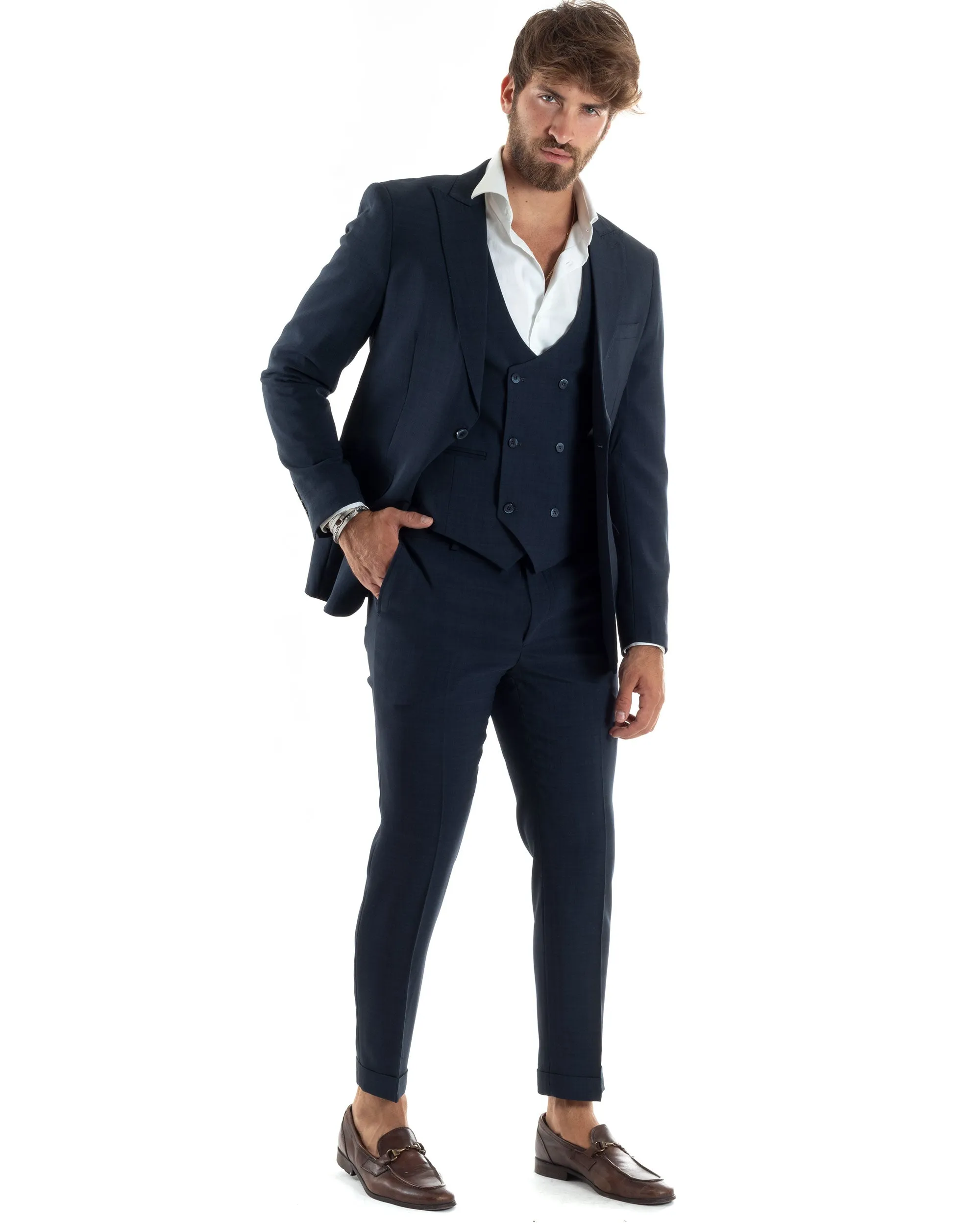 Abito Uomo Monopetto Vestito 3 Pezzi Completo Giacca Pantaloni Panciotto Elegante Sartoriale Blu Melangiato GIOSAL-AE1062A