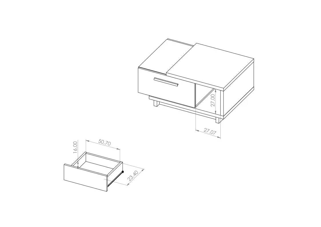 Badel - Tavolino basso da salotto con cassetto in legno naturale e nero cm 90x60x40h