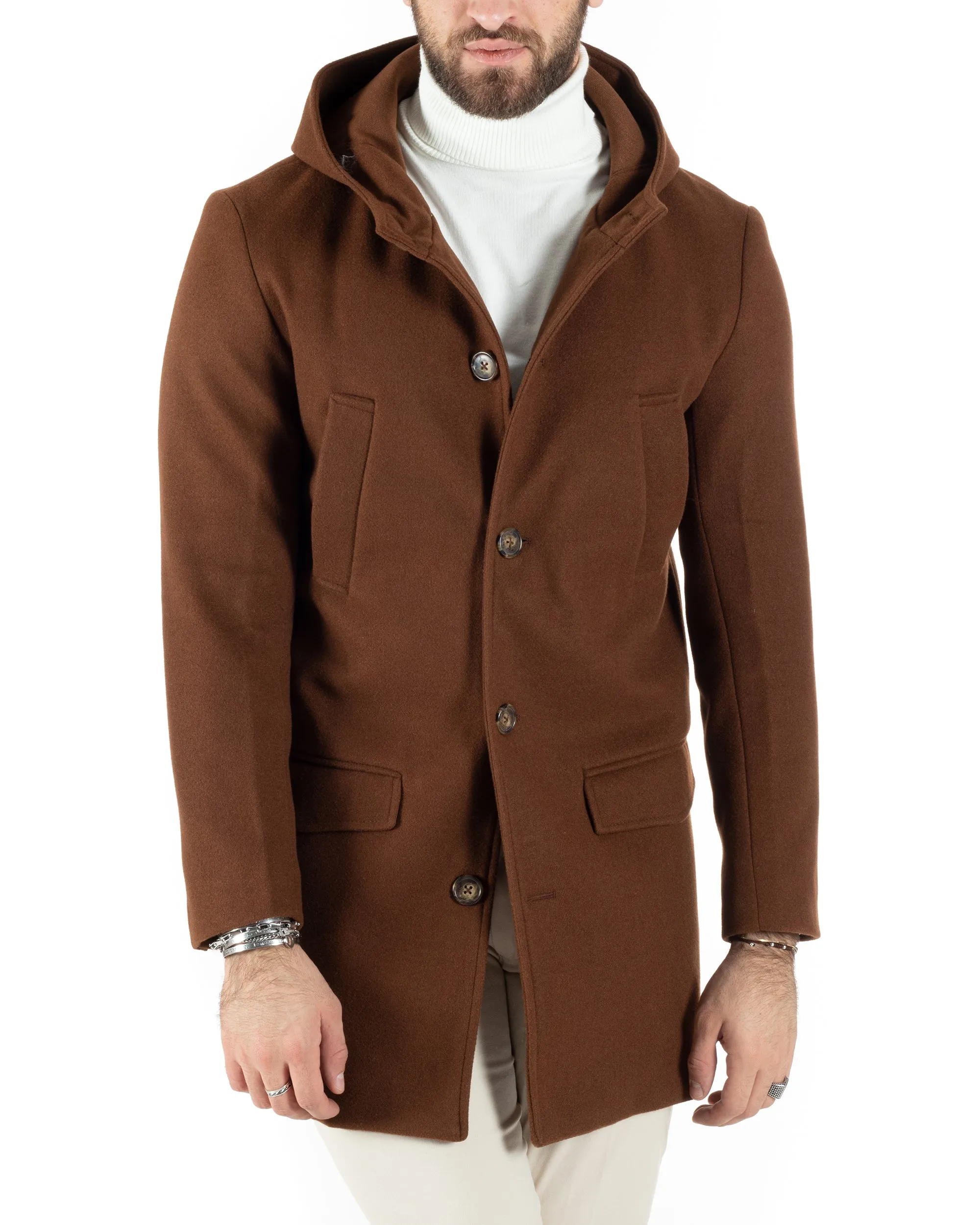 Cappotto Monopetto Uomo Giacca Giaccone Con Cappuccio Tabacco Baronetto Elegante GIOSAL-CO1010A