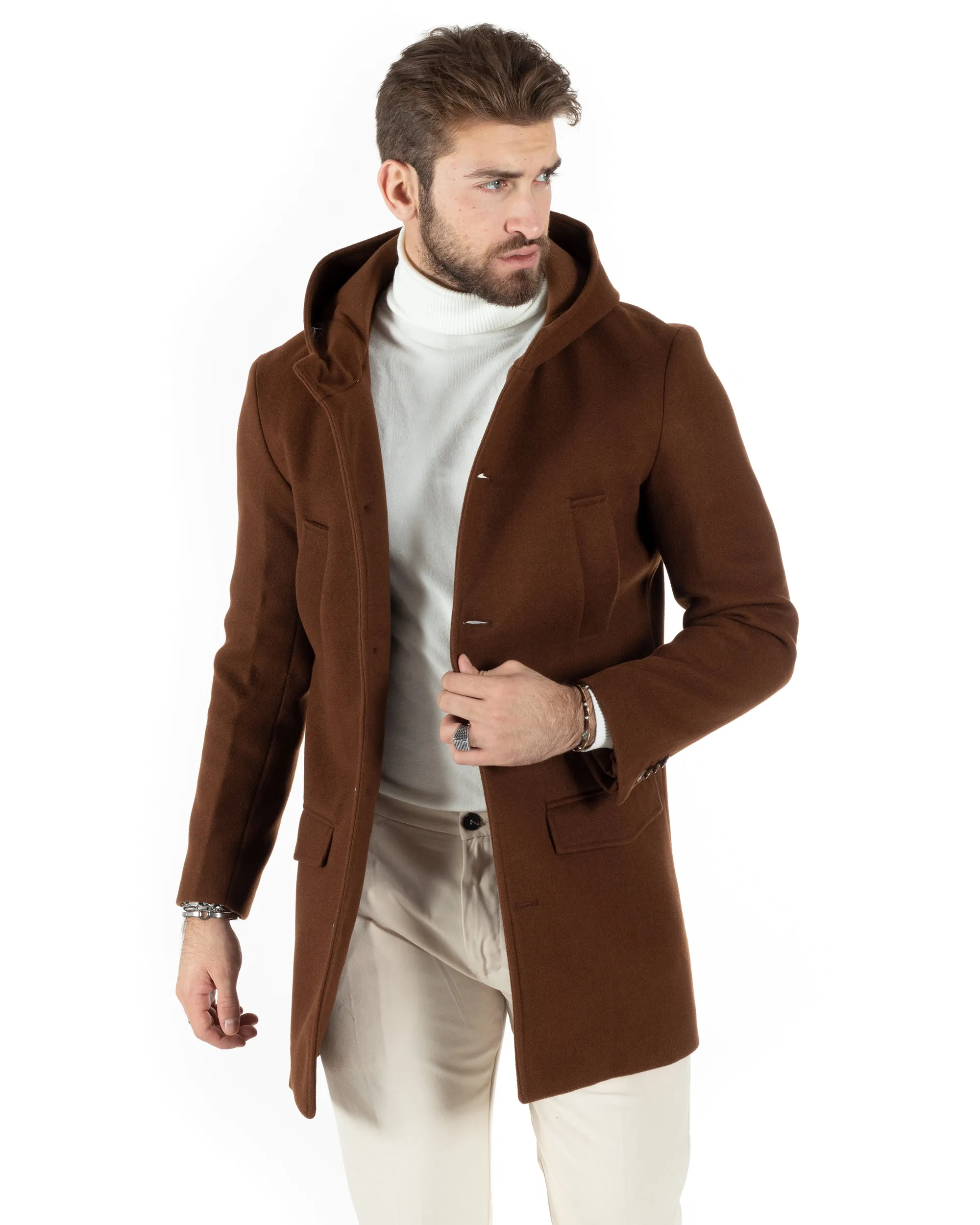 Cappotto Monopetto Uomo Giacca Giaccone Con Cappuccio Tabacco Baronetto Elegante GIOSAL-CO1010A