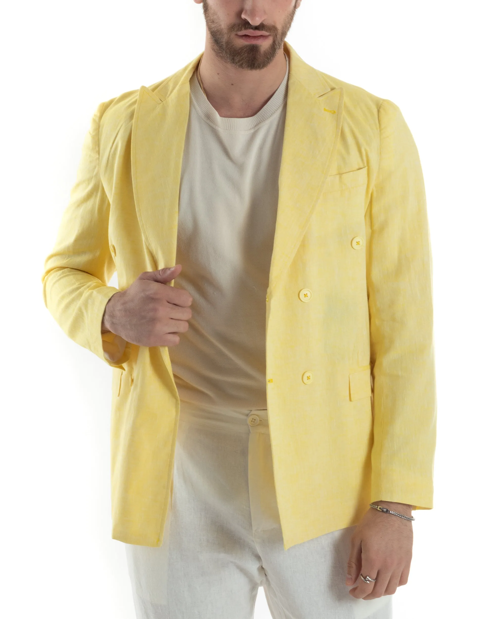 Giacca Uomo Lino Doppiopetto Melangiata Cerimonia Elegante Casual Giallo GIOSAL-G3181A