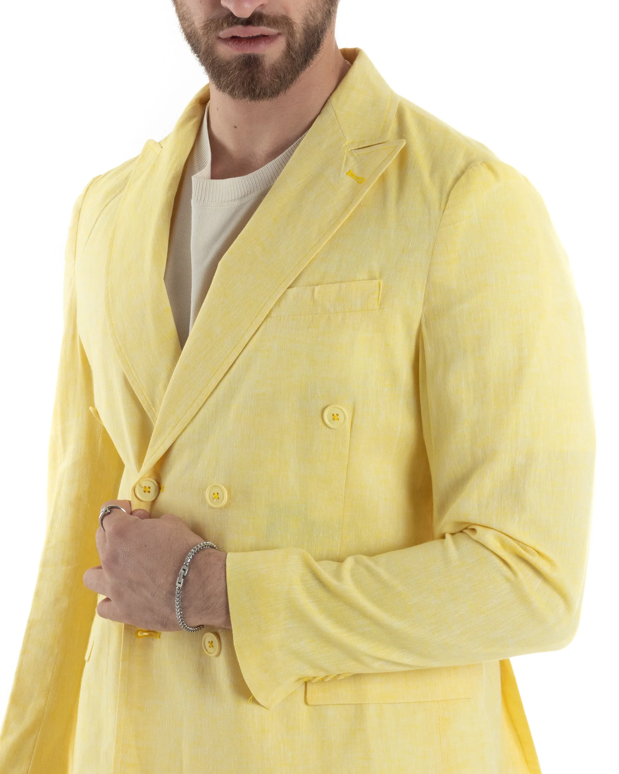 Giacca Uomo Lino Doppiopetto Melangiata Cerimonia Elegante Casual Giallo GIOSAL-G3181A