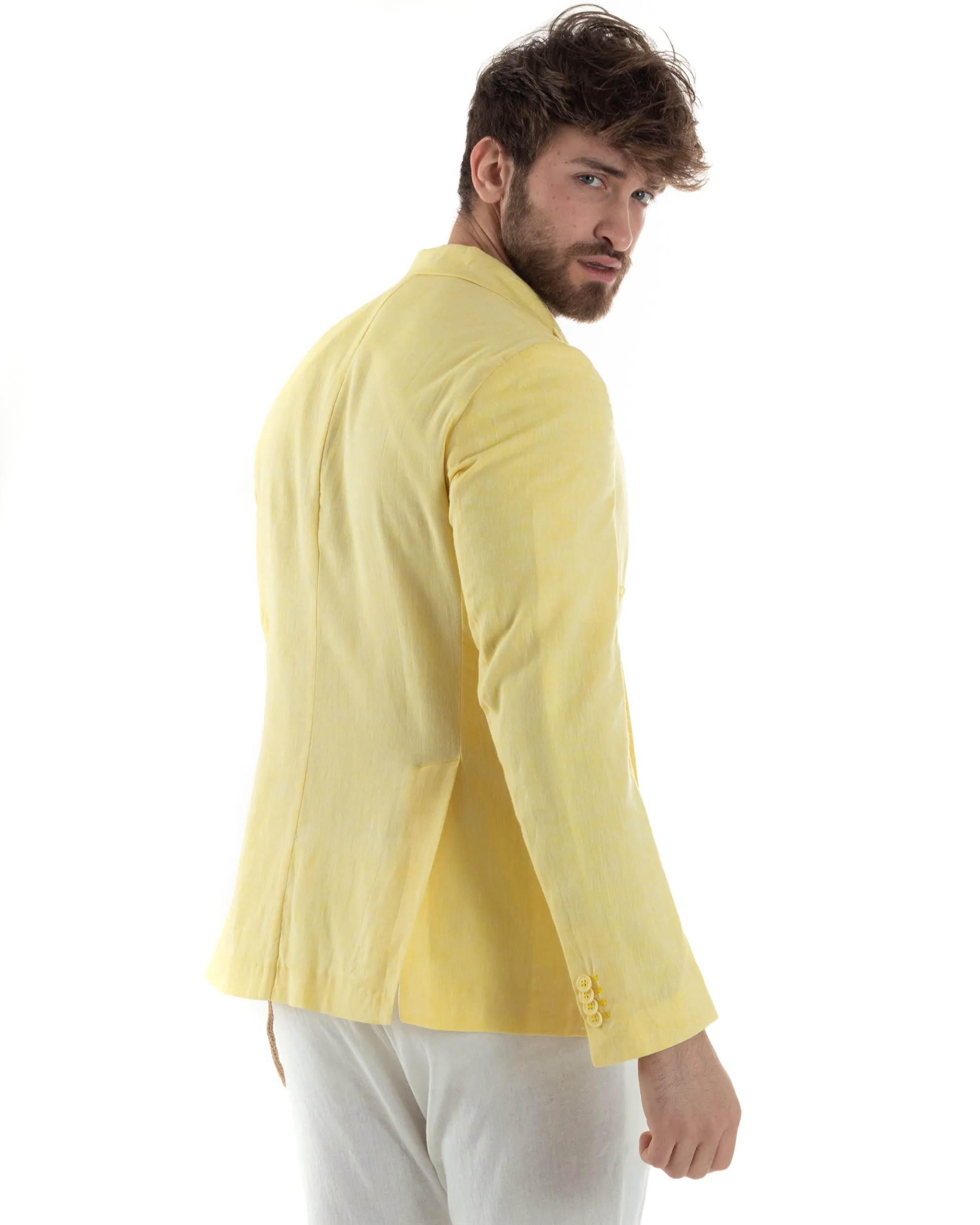 Giacca Uomo Lino Doppiopetto Melangiata Cerimonia Elegante Casual Giallo GIOSAL-G3181A