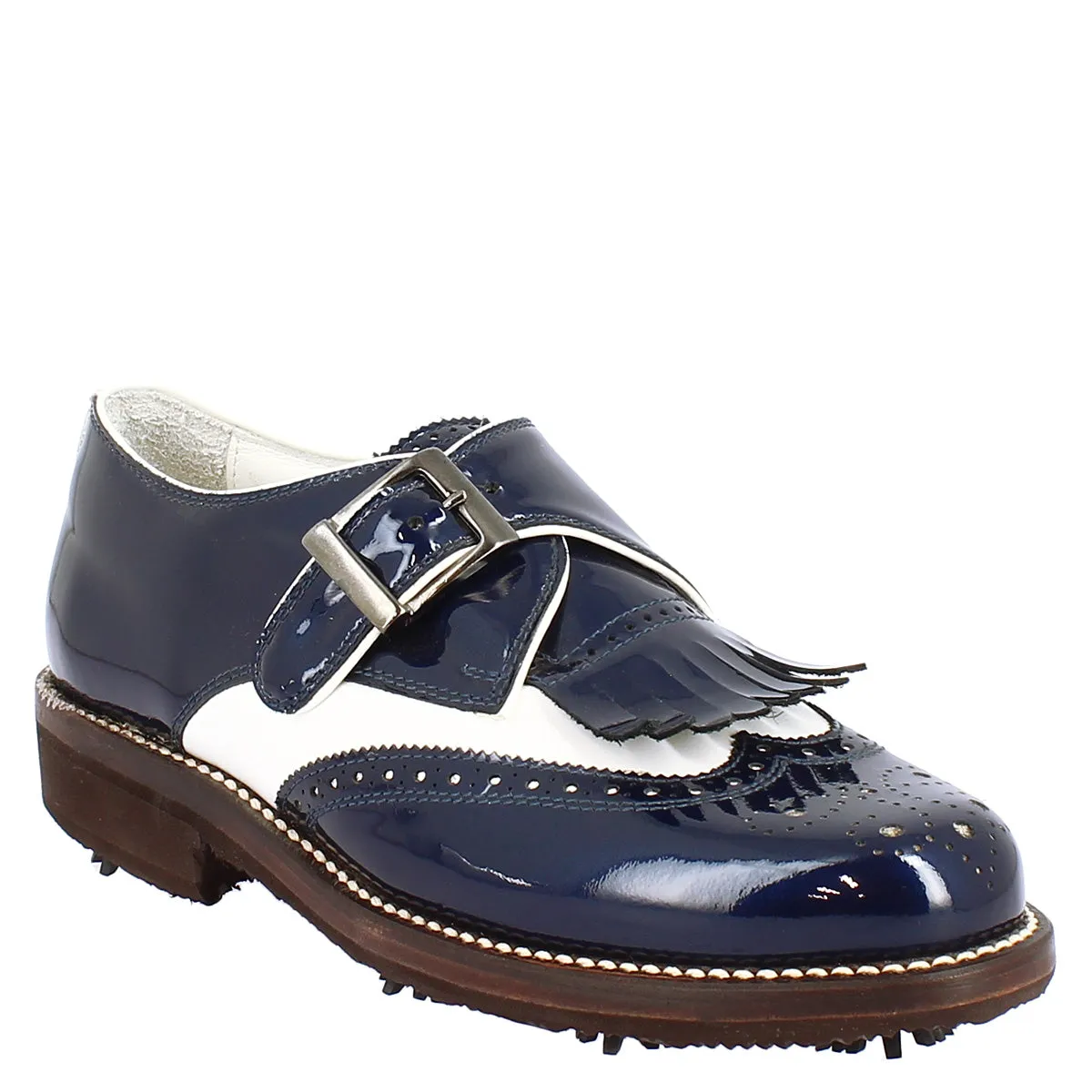 Scarpe con fibbia da golf donna in pelle bianca e vernice blu