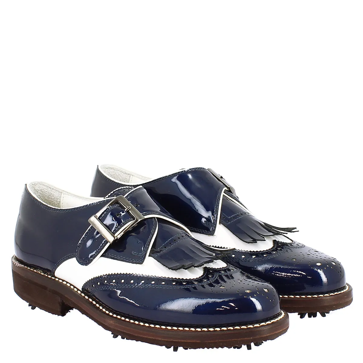 Scarpe con fibbia da golf donna in pelle bianca e vernice blu