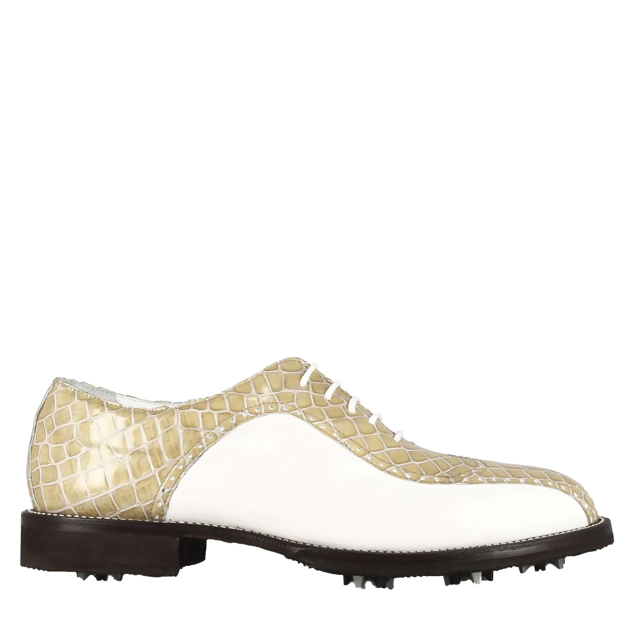 Scarpe da golf donna in pelle bicolore bianca e beige con stampa cocco