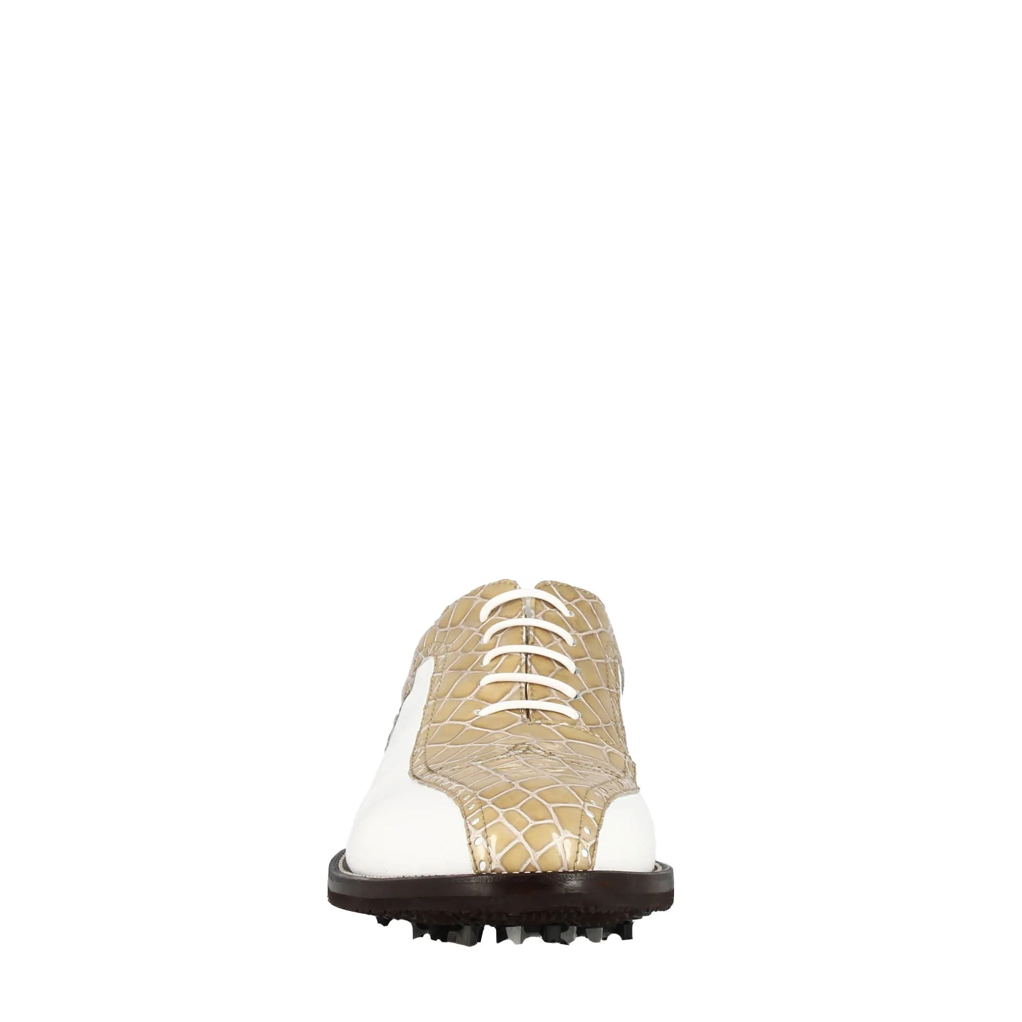 Scarpe da golf donna in pelle bicolore bianca e beige con stampa cocco