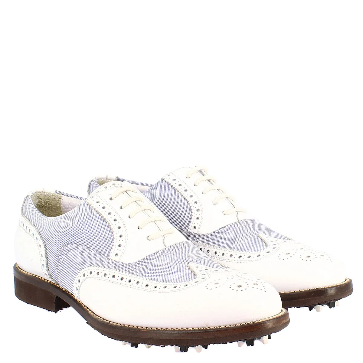 Scarpe golf uomo estive fatte a mano in pelle bianca e tessuto